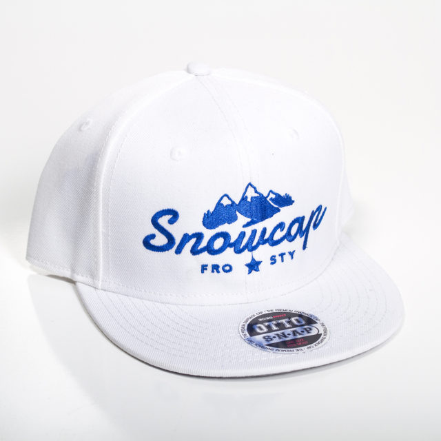 White Embroidered Snapback hat discreetly celebrating the famous Snowcap cannabis strain.